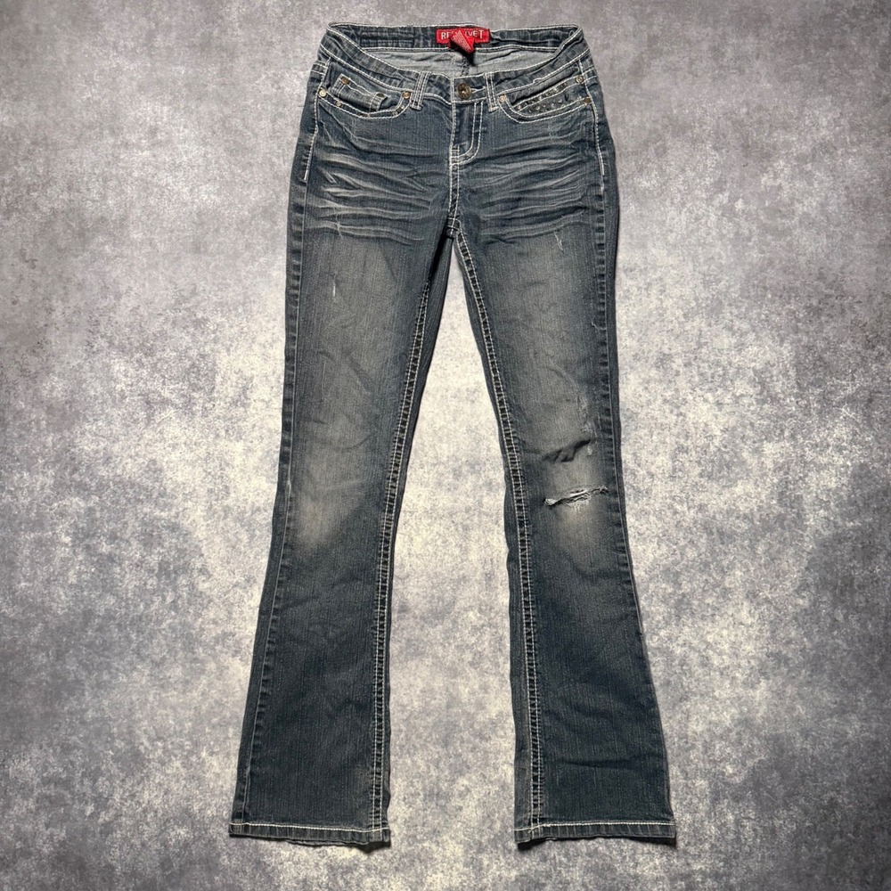 Vintage Red Rivet Jeans Womens 3 Dark Wash Studded Y2K Low Rise Bootcut Grunge
